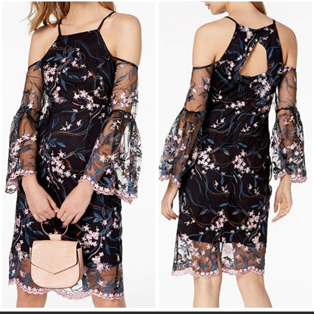 Nanette Lepore Embroidered Floral Mesh Cold Shoulder Mini Dress Size 8 NWT